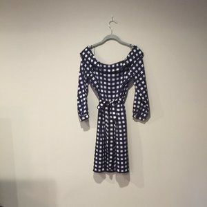 Banana Republic Blue Gingham Draped Shoulder Dress